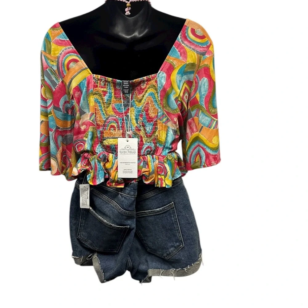 L/XL Sacred Threads Multicolor Abstract Blouse. TURQ 01. 225163 - Picture 3 of 5